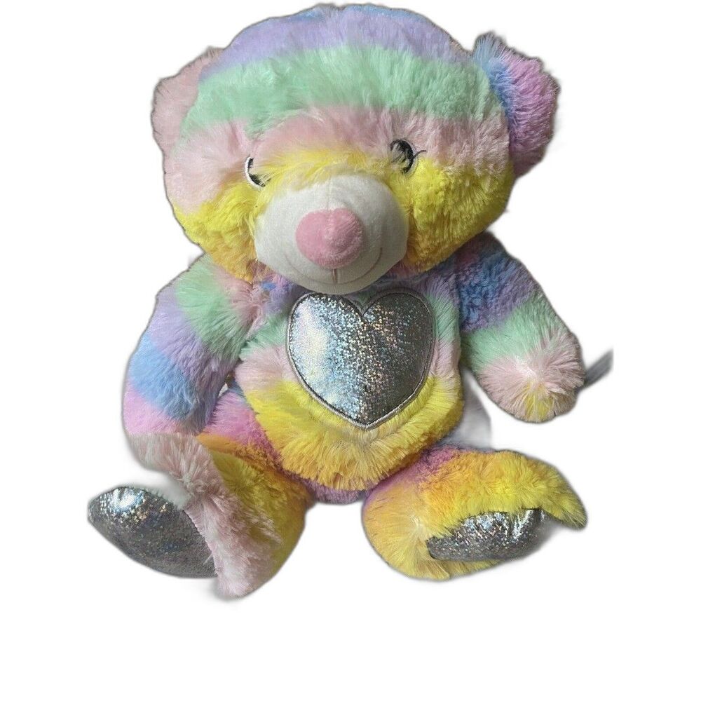 Midwood Brands Rainbow Striped Teddy Bear Plush Silver Glitter‎ Heart 14 Inch